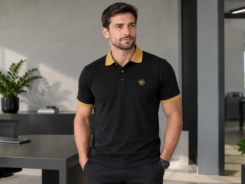 Camisa polo preta com gola dourada personalizada Ozimme